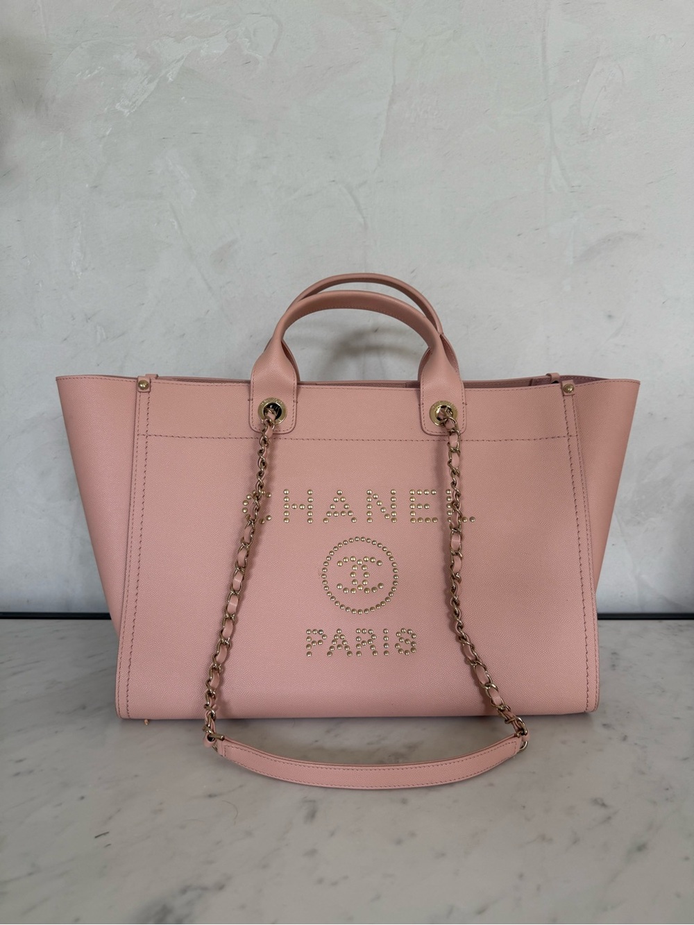 CHANEL Pink Leather Tote with Gold Chain Handles